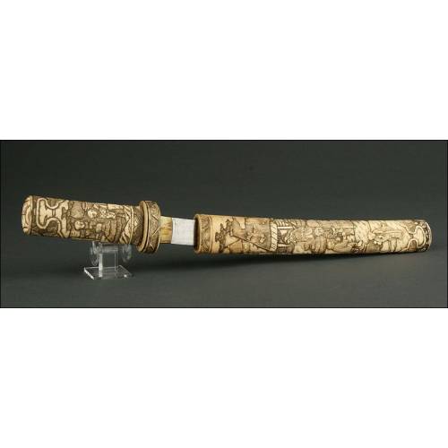 Japanese Dagger (Tant?), 1900. With Hand Carved Bone Hilt and Scabbard.