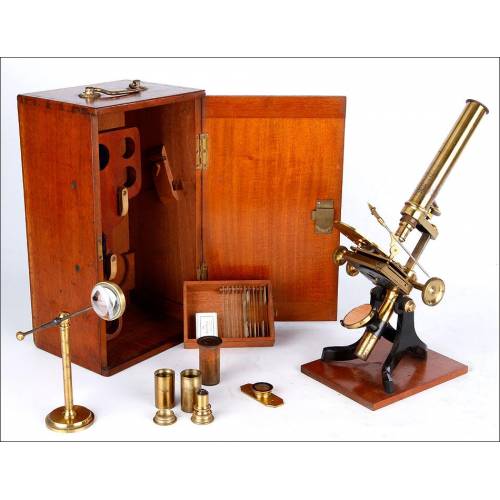 Complete Antique Antique Microscope with Mechanical Specimen Slide. England, Circa 1880