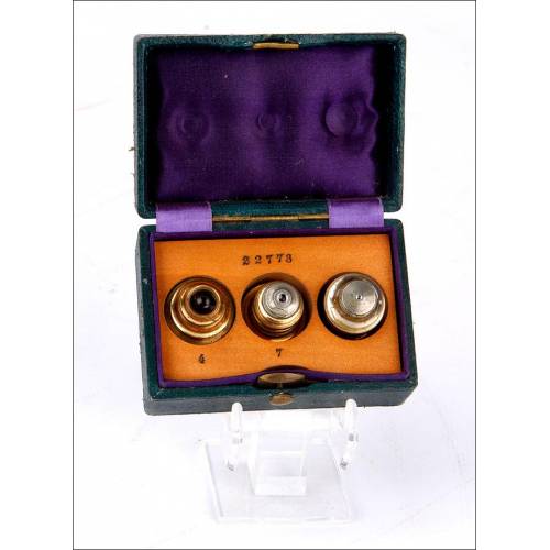 Set of 3 Antique Microscope Lenses in Original Case. Circa 1900