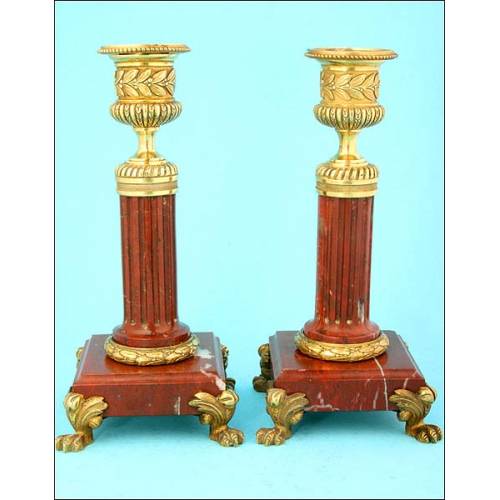 Precious Pair of Marble Candlesticks, France, XIX Century.