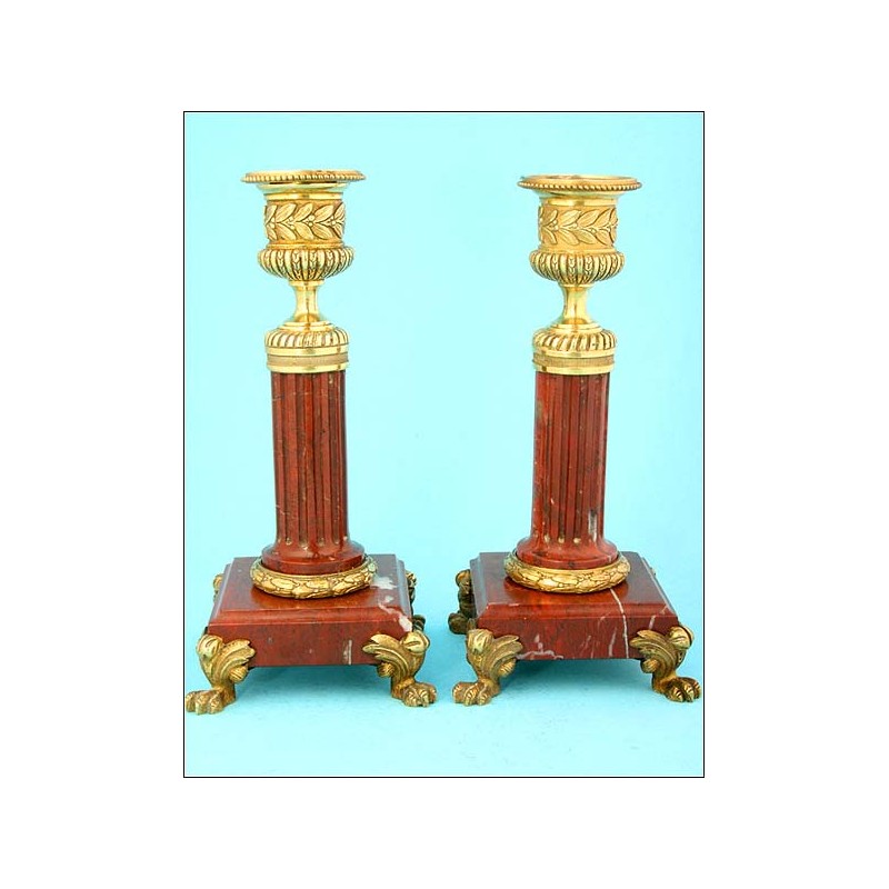 Precious Pair of Marble Candlesticks, France, XIX Century.