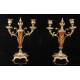 Nice Pair of Mahogany and Gilded Brass Candlesticks. France, Circa 1900