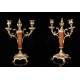 Nice Pair of Mahogany and Gilded Brass Candlesticks. France, Circa 1900