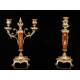 Nice Pair of Mahogany and Gilded Brass Candlesticks. France, Circa 1900