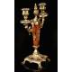 Nice Pair of Mahogany and Gilded Brass Candlesticks. France, Circa 1900