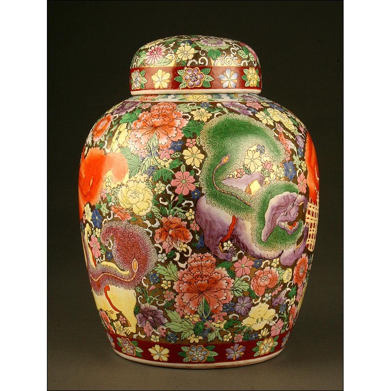 Impressive Chinese Porcelain Vase. Hand Engraved and Painted Lions. S. XIX